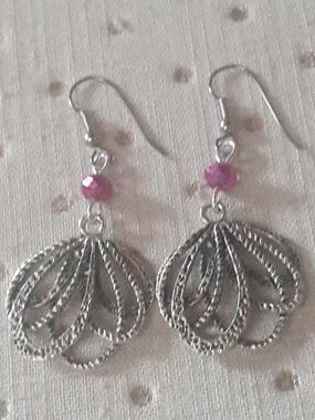 Sterling-Style Silver Drop Earrings with Pink Accent Bead